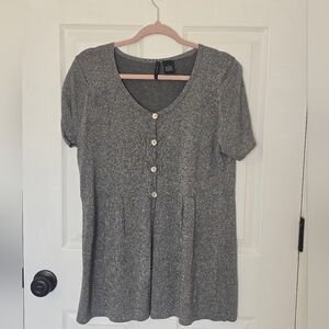 New Directions Gray Metallic Short Sleeve Button Down Top Scoop Neck L